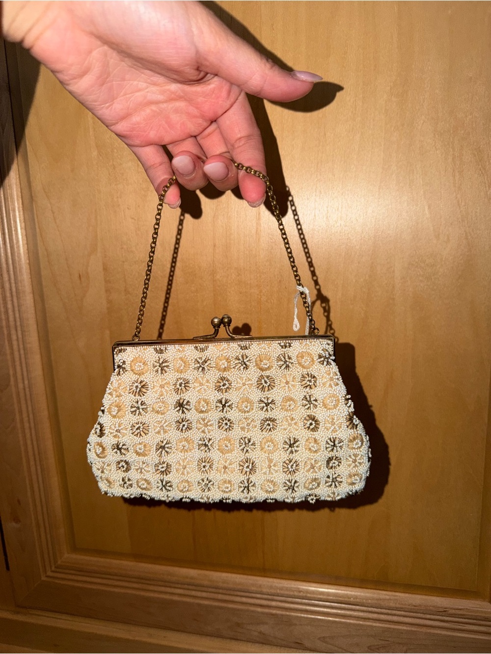 Vintage Glass Beaded Cream and Gold Evening Clutch Handbag